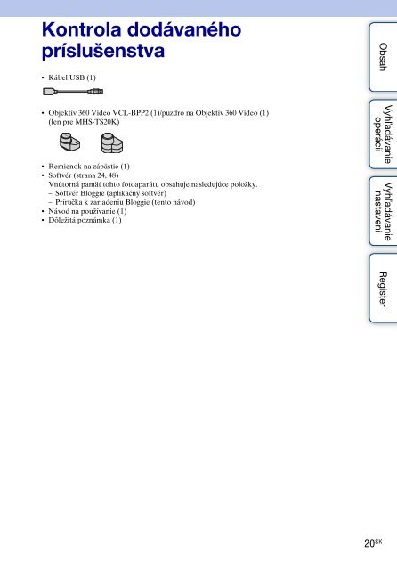 Sony MHS-TS20 - MHS-TS20 Istruzioni per l'uso Slovacco