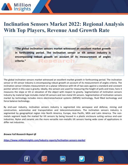 Inclination Sensors Market 2022 - Regional Analysis With Top Players, Revenue And Growth Rate