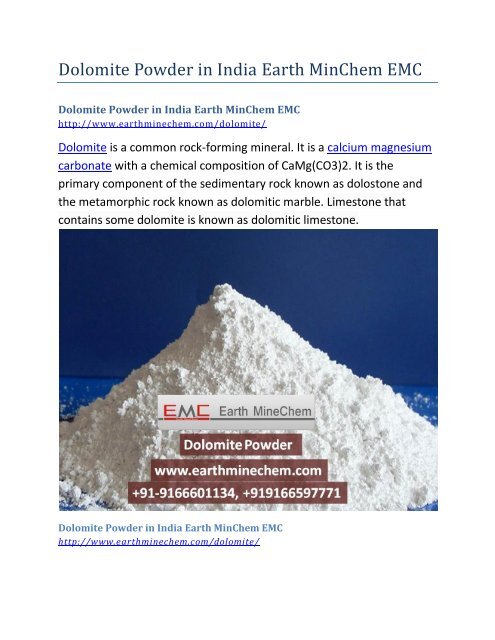 Dolomite Powder in India Earth MinChem EMC