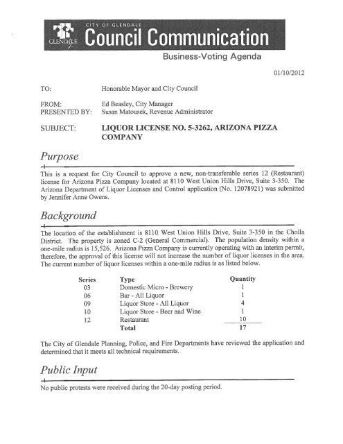 liquor license no. 5-3262, arizona pizza company - City of Glendale