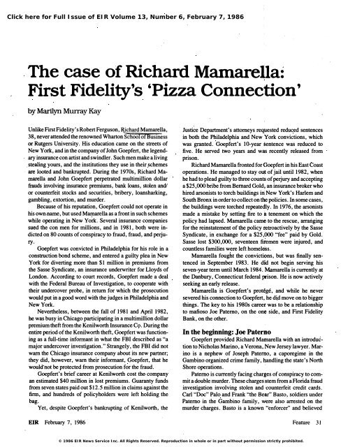 The Case of Richard Mamarella: First Fidelity's 'Pizza Connection'