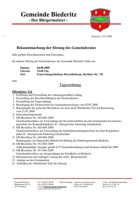 Bekanntmachung der Sitzung des Gemeinderates Tagesordnung