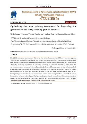 Optimizing zinc seed priming treatments for improving the germination and early seedling growth of wheat