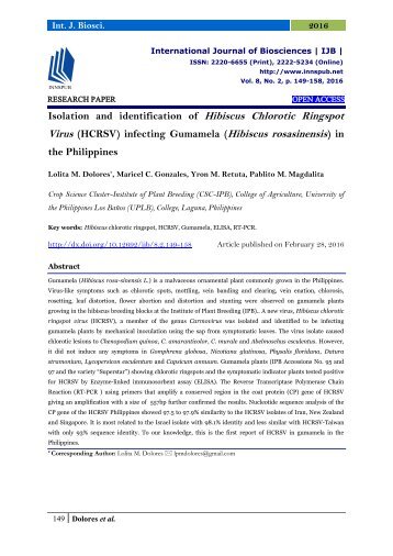 Isolation and identification of Hibiscus Chlorotic Ringspot Virus (HCRSV) infecting Gumamela (Hibiscus rosasinensis ) in the Philippines