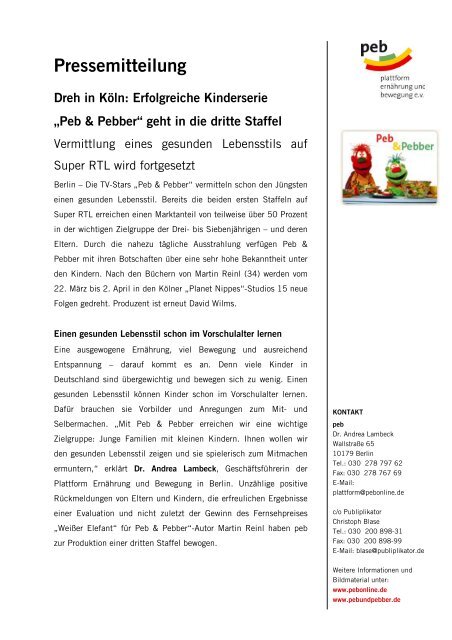 Erfolgreiche Kinderserie „Peb & Pebber“ - Plattform Ernährung und ...