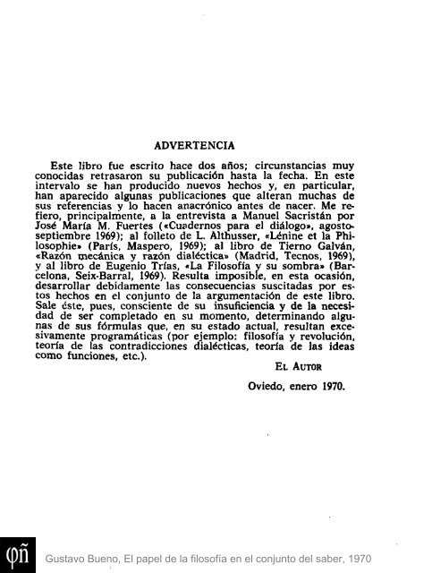 1970 - Gustavo Bueno - El papel de la Filosofia en el conjunto del saber. Ciencia Nueva. 1970