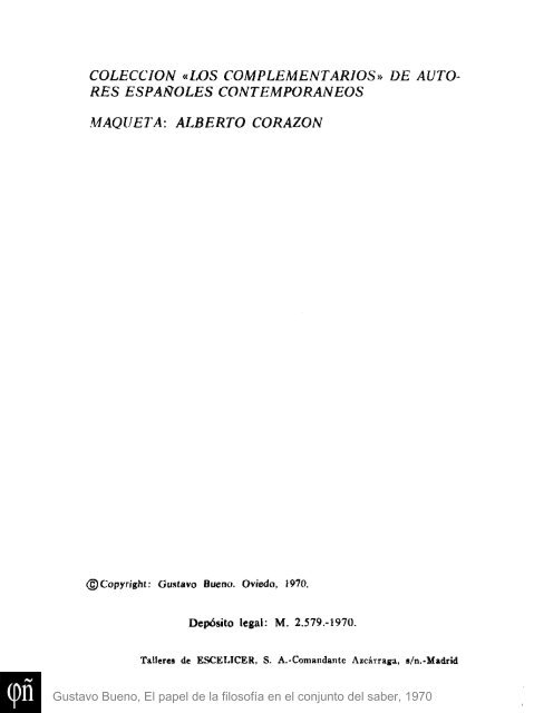 1970 - Gustavo Bueno - El papel de la Filosofia en el conjunto del saber. Ciencia Nueva. 1970