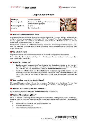 Logistikassistent/in Steckbrief Logistikassistent/in - Planet Beruf.de