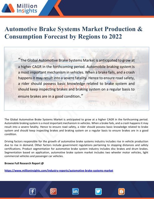 Automotive Brake Systems Market Production &amp; Consumption Forecast by Regions to 2022