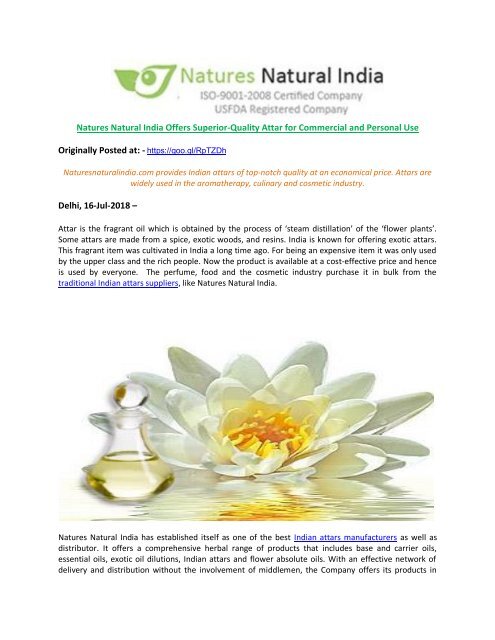 Natures Natural India Offers Superior-Quality Attar for Commercial and Personal Use