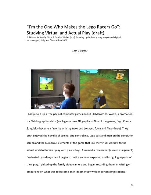 “I'm the One Who Makes the Lego Racers Go ... - Seth Giddings