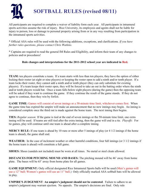 Slow Pitch Softball Rules Rice University