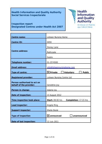 Lisheen Nursing Home, 59, inspection report 13 August - hiqa.ie