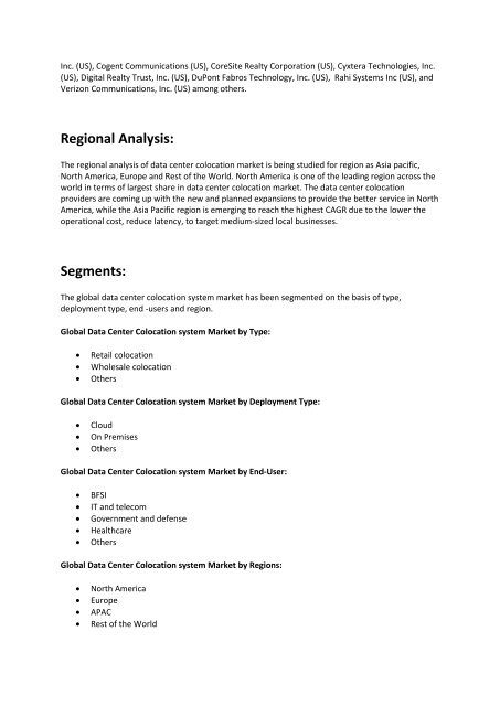 Data Center Colocation Market 2017-2023 - Sales Revenue, Grow Pricing and Industry Growth Analysis