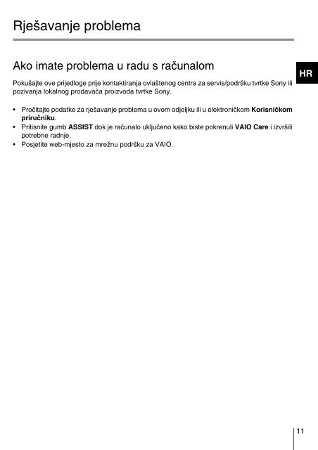 Sony SVT1311C5E - SVT1311C5E Guide de d&eacute;pannage Croate