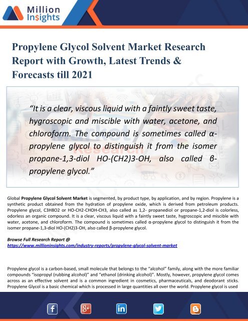 Propylene Glycol Solvent Market by Region, Production, Consumption, Revenue, Market Share and Growth Rate to 2021