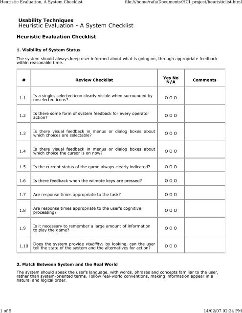 Heuristic Evaluation A System Checklist