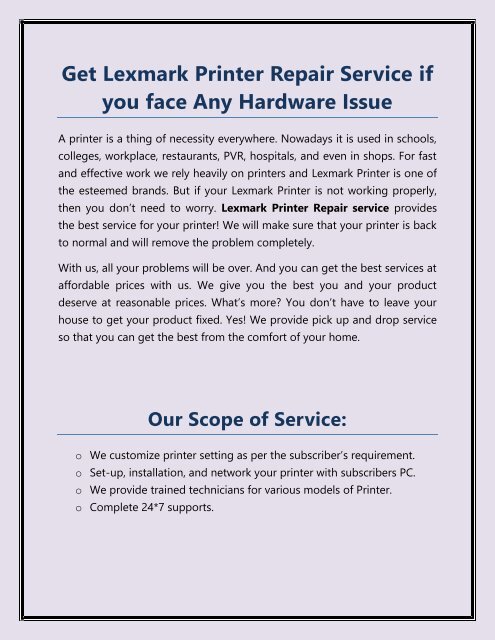 Get Lexmark Printer Repair Service if you face Any Hardware Issue