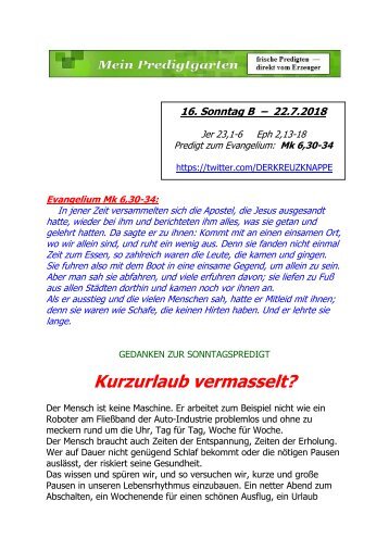 PREDIGT -- 16. Sonntag im Jahreskreis B --- 22.7.2018