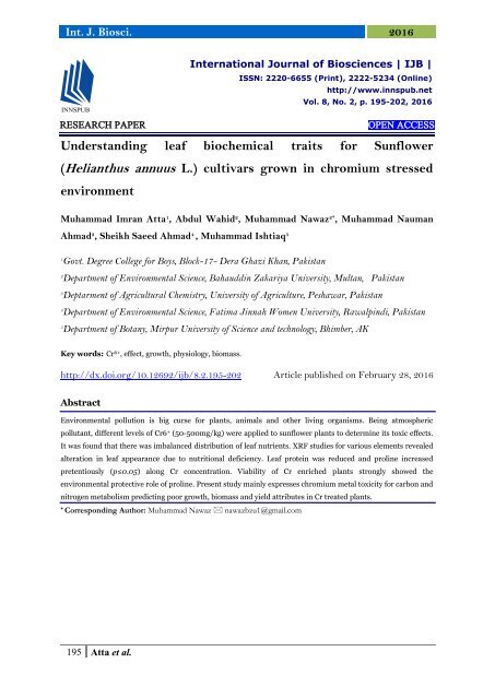 Understanding leaf biochemical traits for Sunflower (Helianthus annuus L.) cultivars grown in chromium stressed environment