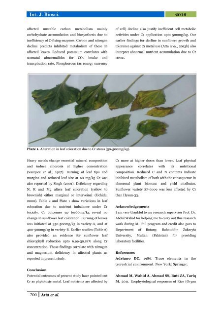 Understanding leaf biochemical traits for Sunflower (Helianthus annuus L.) cultivars grown in chromium stressed environment
