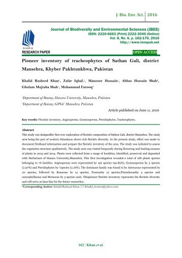 Pioneer inventory of tracheophytes of Sathan Gali, district Mansehra, Khyber Pakhtunkhwa, Pakistan