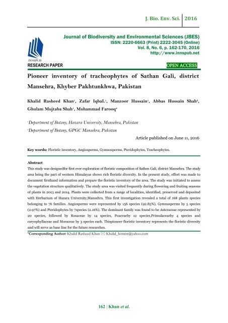 Pioneer inventory of tracheophytes of Sathan Gali, district Mansehra, Khyber Pakhtunkhwa, Pakistan