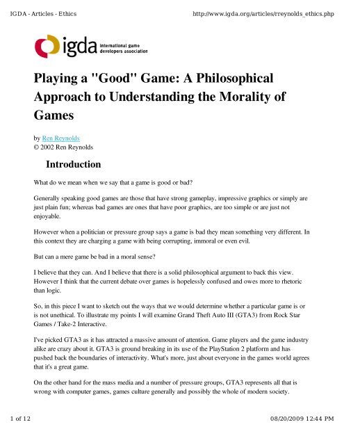 Playing a "Good" Game: A Philosophical Approach to ...