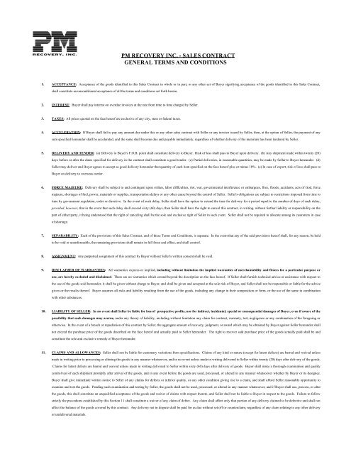 sales contract general terms and conditions - PM Recovery, Inc
