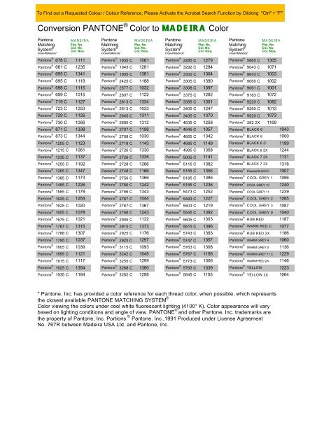 Pantone To Madeira Conversion Chart