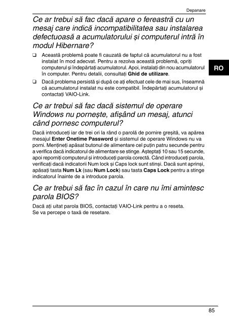 Sony VGN-NR32S - VGN-NR32S Guide de d&eacute;pannage Roumain