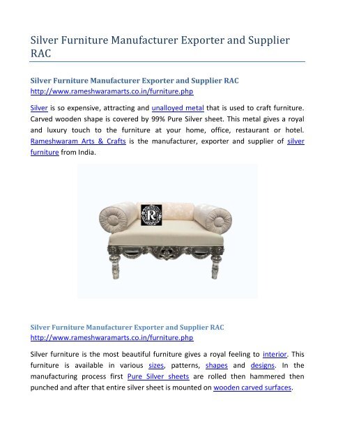 Silver Furniture Manufacturer Exporter and Supplier RAC