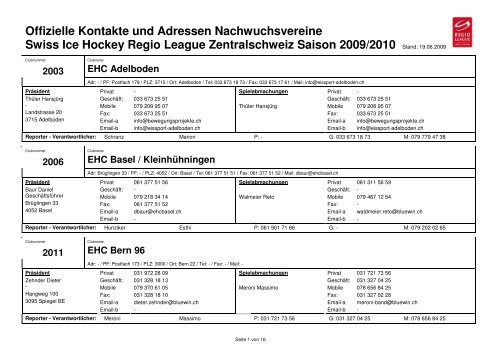 Offizielle Kontakte und Adressen Nachwuchsvereine Swiss Ice ...