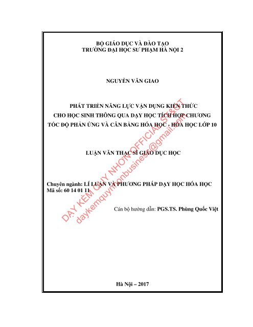 PHÁT TRIỂN NĂNG LỰC VẬN DỤNG KIẾN THỨC CHO HỌC SINH THÔNG QUA DẠY HỌC TÍCH HỢP CHƯƠNG TỐC ĐỘ PHẢN ỨNG VÀ CÂN BẰNG HÓA HỌC - HÓA HỌC LỚP 10