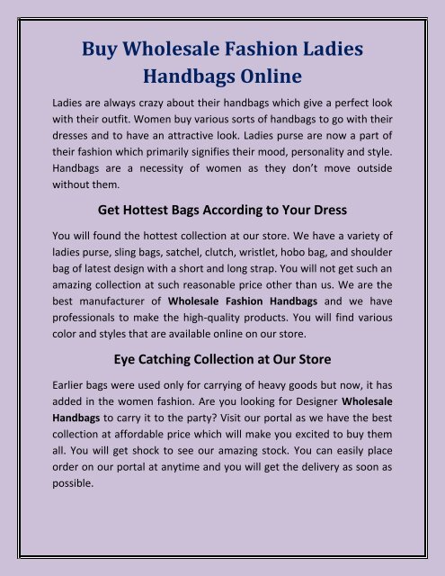 Buy Wholesale Fashion Ladies Handbags Online