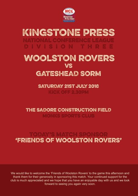 2018 Woolston Rovers Matchday Programme Gateshead Storm 210718