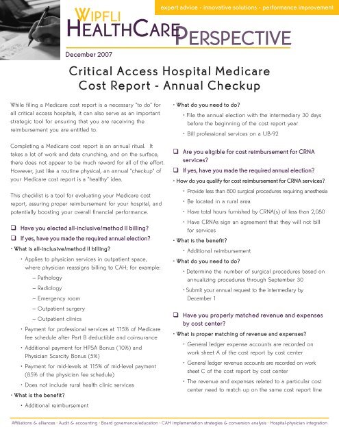 Critical Access Hospital Medicare Cost Report Wipfli - 