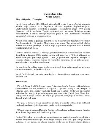 Curriculum Vitae Nenad Grubić - Građevinski Fakultet Univerziteta u ...