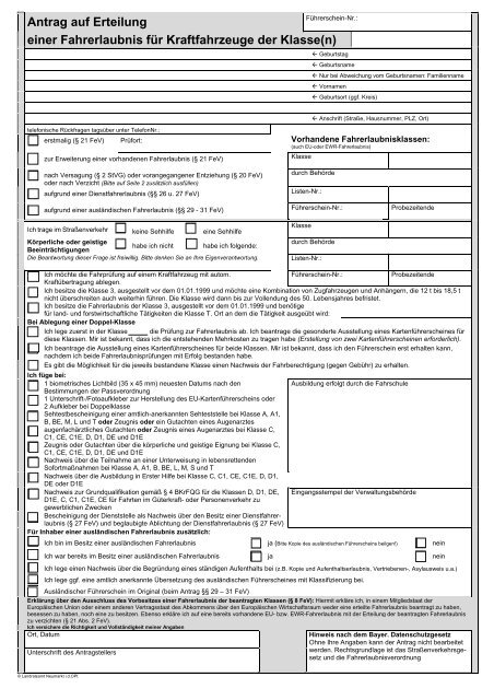 Antrag Auf Neuerteilung Der Fahrerlaubnis Online Antrag auf Erteilung. einer Fahrerlaubnis für Kraftfahrzeuge der Klasse
