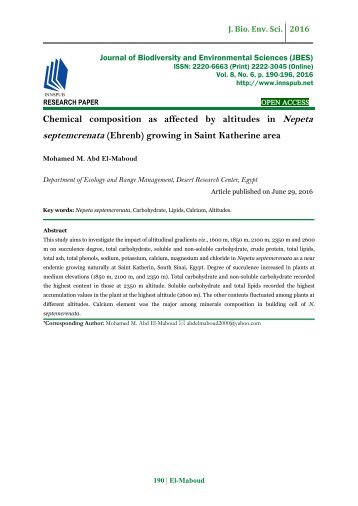 Chemical composition as affected by altitudes in Nepeta septemcrenata (Ehrenb) growing in Saint Katherine area Mohamed M. Abd El-Maboud