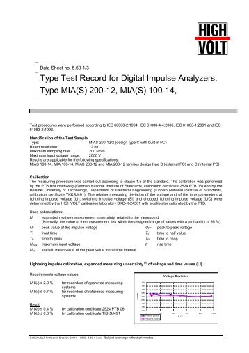 Type Test Record for Digital Impulse Analyzers, Type MIA(S) - Highvolt