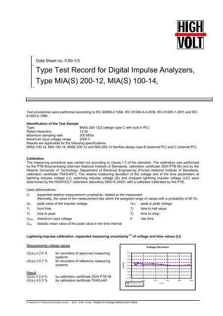 Type Test Record for Digital Impulse Analyzers, Type MIA(S) - Highvolt