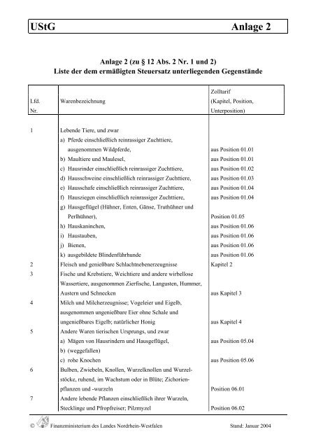 UStG Anlage 2 - Umsatzsteuer-Voranmeldung