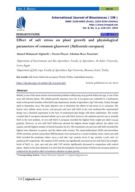 Effect of salt stress on plant growth and physiological parameters of common glasswort (Salicornia europaea)