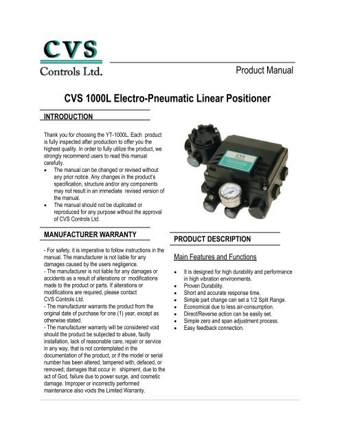 CVS 1000L Electro-Pneumatic Linear Positioner - CVS Controls