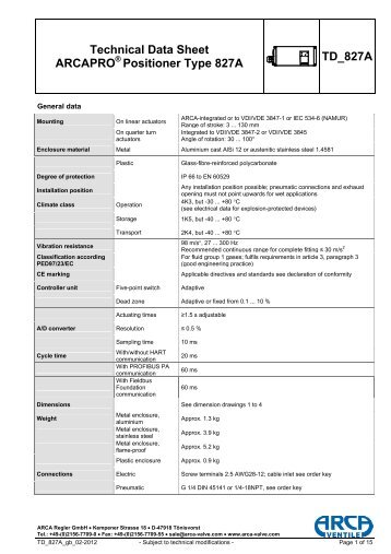 Technical Data Sheet ARCAPRO® Positioner Type 827A TD_827A