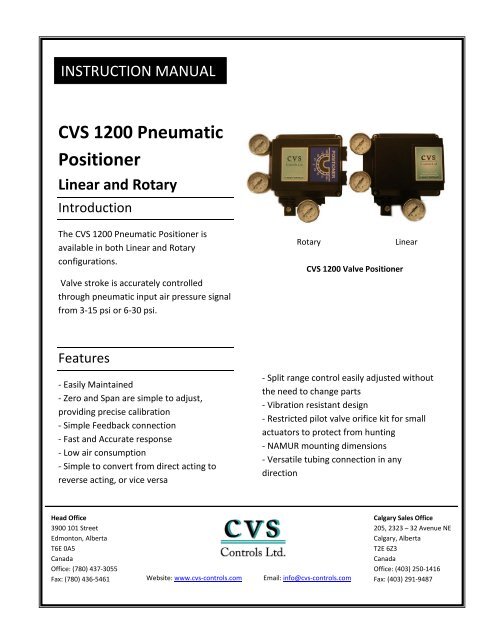 CVS 1200 Pneumatic Positioner Linear and Rotary - CVS Controls
