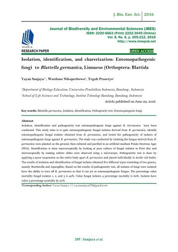 Isolation, identification, and charerization: Entomopathogenic fungi to Blattella germanica, Linnaeus (Orthoptera: Blattida