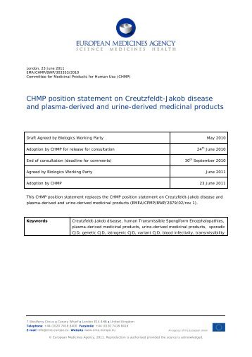 CHMP position statement on Creutzfeldt-Jakob disease and plasma ...