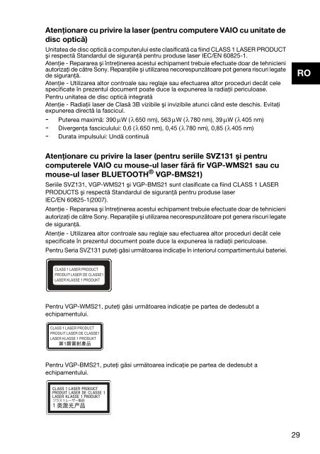 Sony SVS1511R9E - SVS1511R9E Documents de garantie Roumain